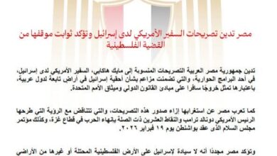 مصر تدين تصريحات السفير الأمريكي لدى إسرائيل وتؤكد ثوابت موقفها من القضية الفلسطينية